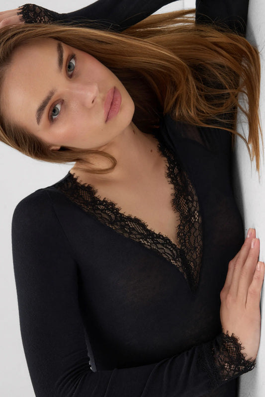 Long Sleeve Bodysuit in Ultralight Modal with Cashmere and Lace