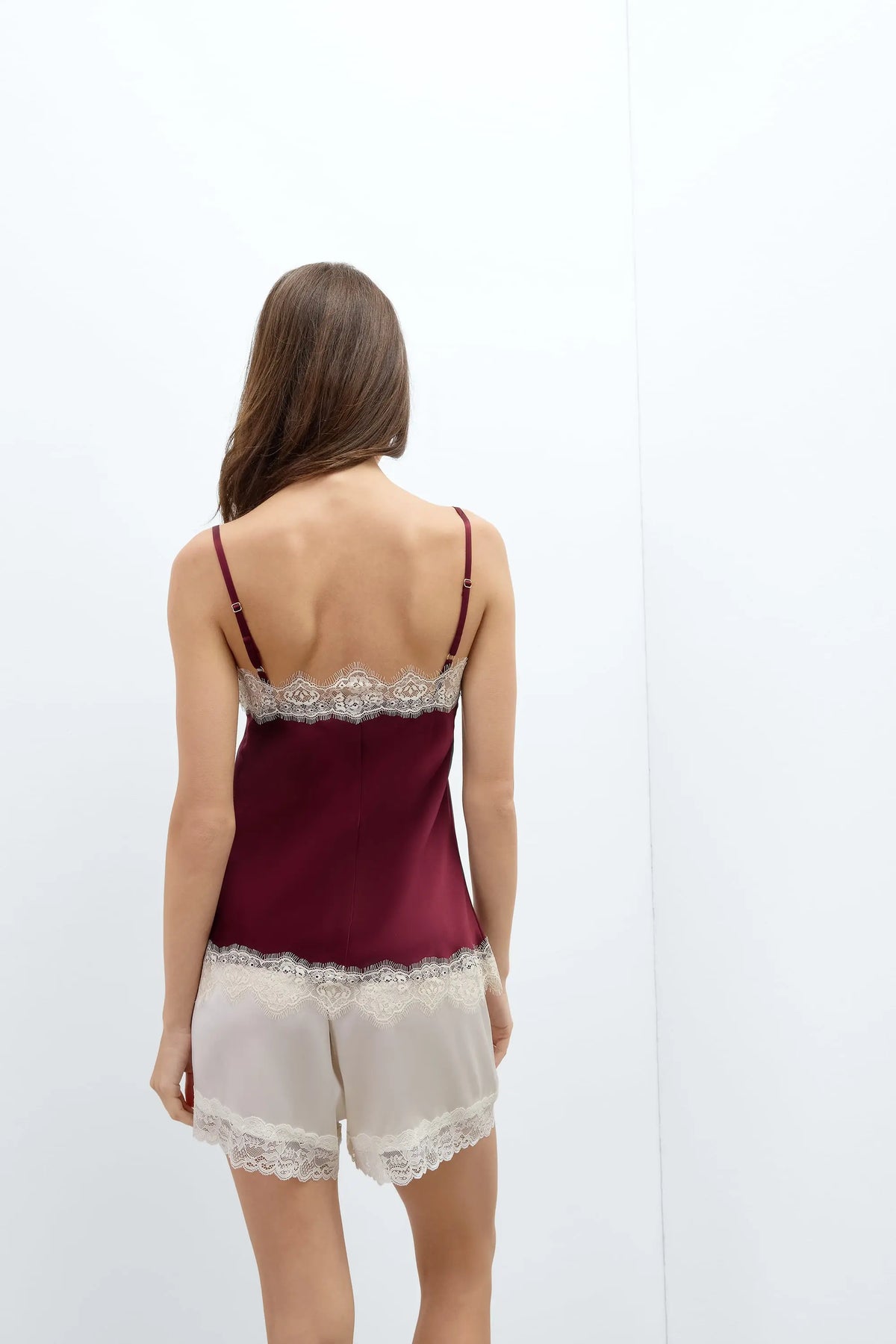Contrast Lace Trim Silk Top