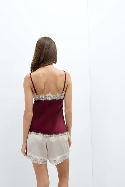 Contrast Lace Trim Silk Top