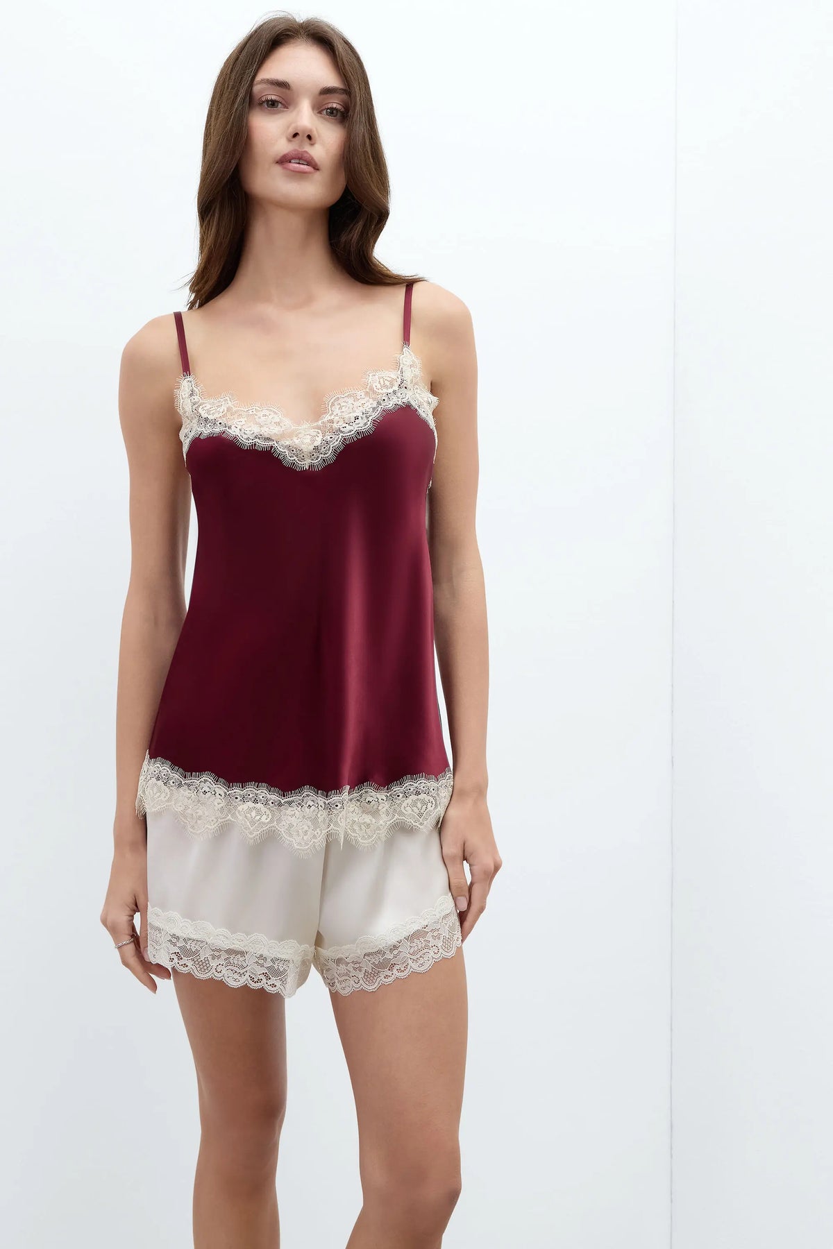 Contrast Lace Trim Silk Top