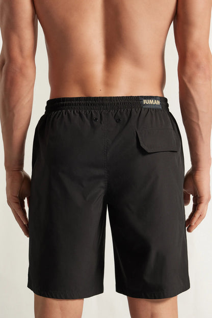 Long Solid Color Swim Trunks