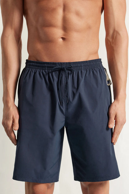 Long Solid Color Swim Trunks