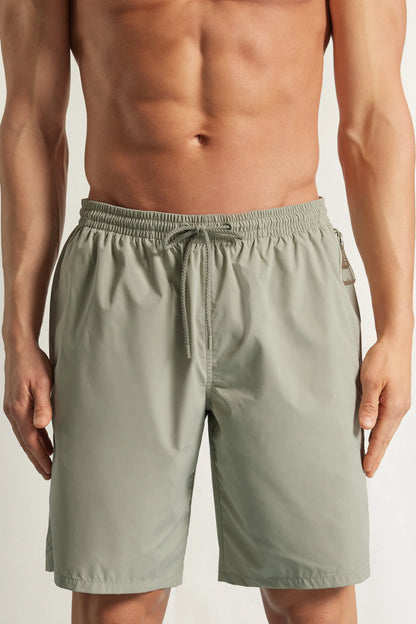 Long Solid Color Swim Trunks