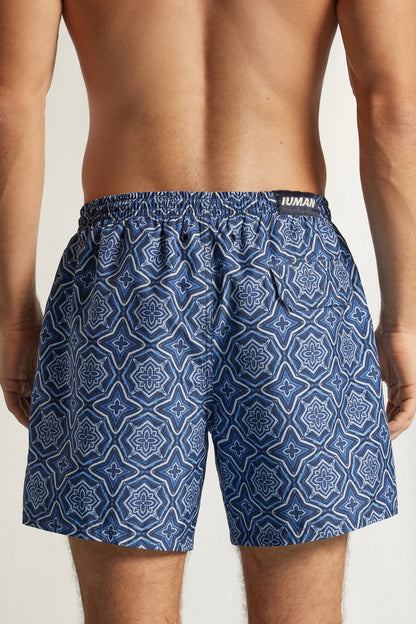 Blue Mosaic Print Swim Trunks