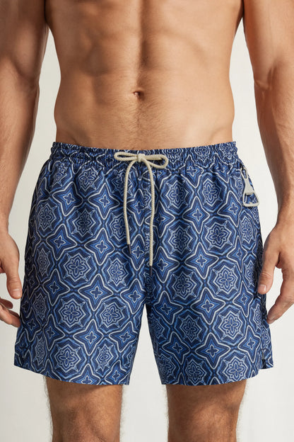 Blue Mosaic Print Swim Trunks