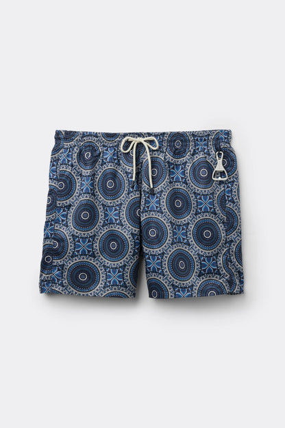 Blue Shaded Mosaic Print Swim Trunks