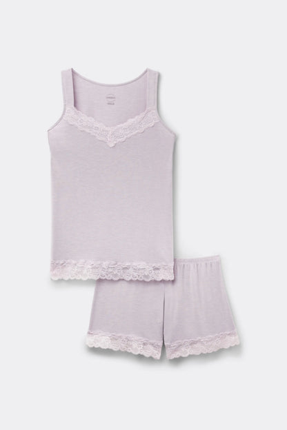 Lace Trim Tank Top Short Pajamas in Modal