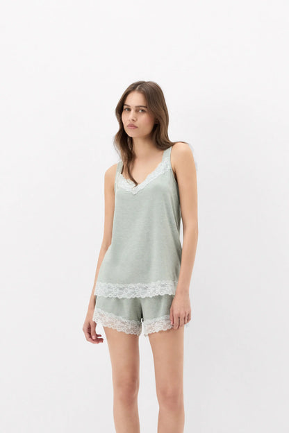 Lace Trim Tank Top Short Pajamas in Modal