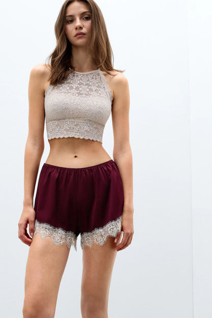 Contrast Lace Trim Silk Shorts