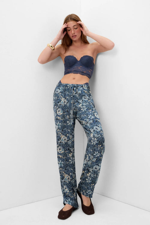 Fanciful Flowers Print Viscose Satin Pants